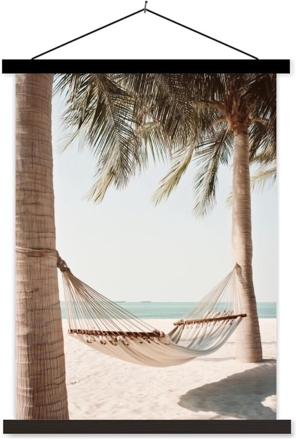TextilePosters Posterhanger incl. Poster 90x120 cm Schoolplaat Hangmat Palmbomen Strand Zee Textielposter Zwarte latten