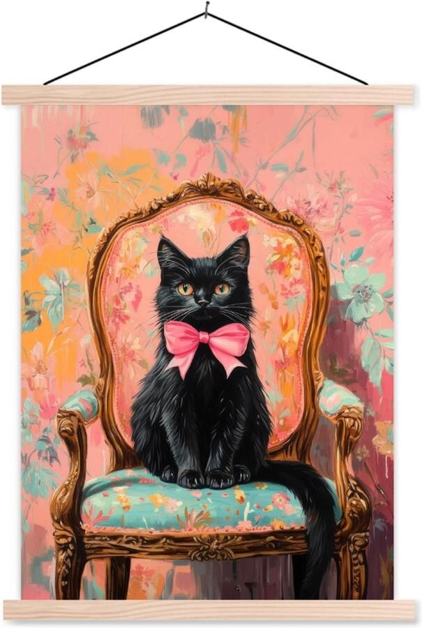 TextilePosters Posterhanger incl. Poster 60x80 cm Schoolplaat Kat Roze Stoel met bloemenmotief Textielposter Blanke latten