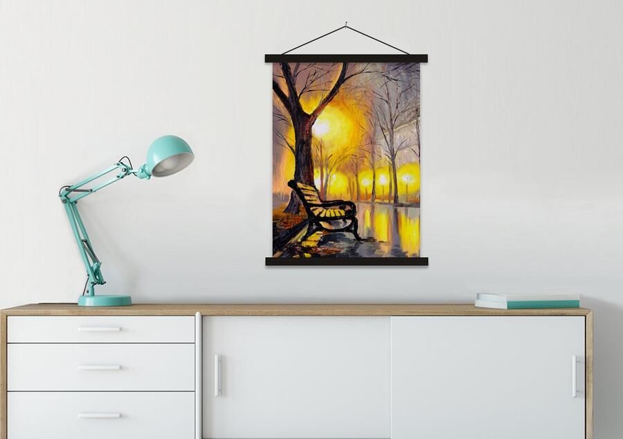 TextilePosters Posterhanger incl. Poster 60x80 cm Schoolplaat Schilderij Bank Water Licht Olieverf Textielposter Zwarte latten - Foto 2