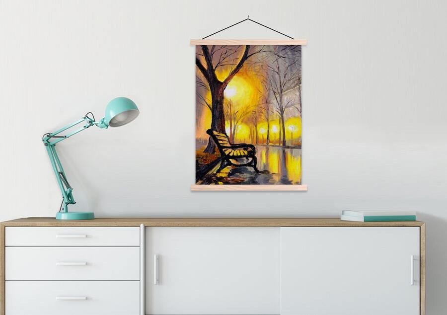 TextilePosters Posterhanger incl. Poster 60x80 cm Schoolplaat Schilderij Bank Water Licht Olieverf Textielposter Blanke latten - Foto 2