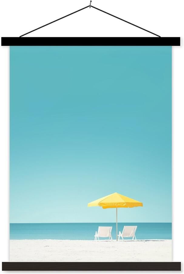 TextilePosters Posterhanger incl. Poster 60x80 cm Schoolplaat Strand Blauwe lucht Geel Parasol Textielposter Zwarte latten