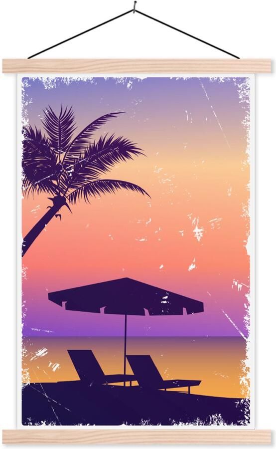 TextilePosters Posterhanger incl. Poster 120x180 cm Schoolplaat Strandstoel Parasol Lucht Zomer Textielposter Blanke latten