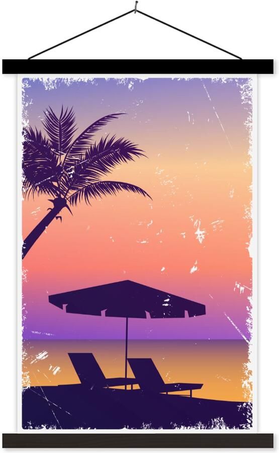 TextilePosters Posterhanger incl. Poster 120x180 cm Schoolplaat Strandstoel Parasol Lucht Zomer Textielposter Zwarte latten