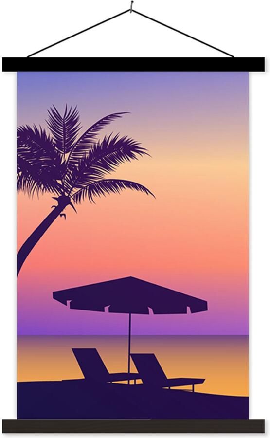 TextilePosters Posterhanger incl. Poster 120x180 cm Schoolplaat Strandstoel Parasol Palmboom Nacht Textielposter Zwarte latten