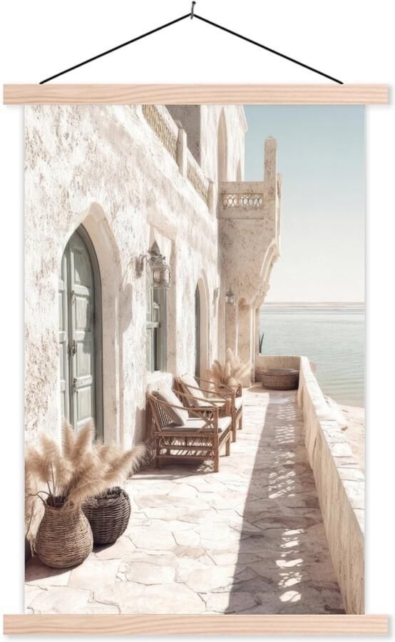 TextilePosters Posterhanger incl. Poster 40x60 cm Schoolplaat Terras Stoelen Strand Beige Textielposter Blanke latten