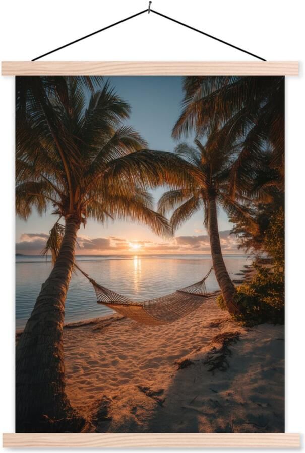 TextilePosters Posterhanger incl. Poster 87x120 cm Schoolplaat Palmbomen Hangmat Strand Zonsondergang Textielposter Blanke latten