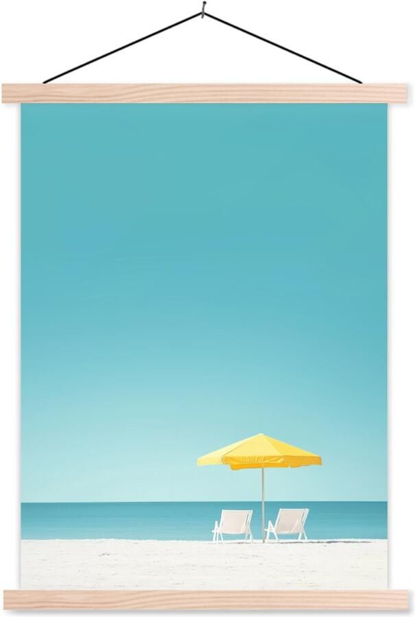TextilePosters Posterhanger incl. Poster 60x80 cm Schoolplaat Strand Blauwe lucht Geel Parasol Textielposter Blanke latten