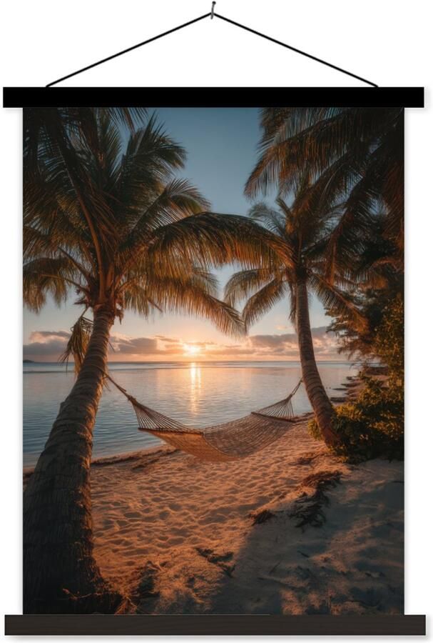TextilePosters Posterhanger incl. Poster 90x120 cm Schoolplaat Palmbomen Hangmat Strand Zonsondergang Textielposter Zwarte latten