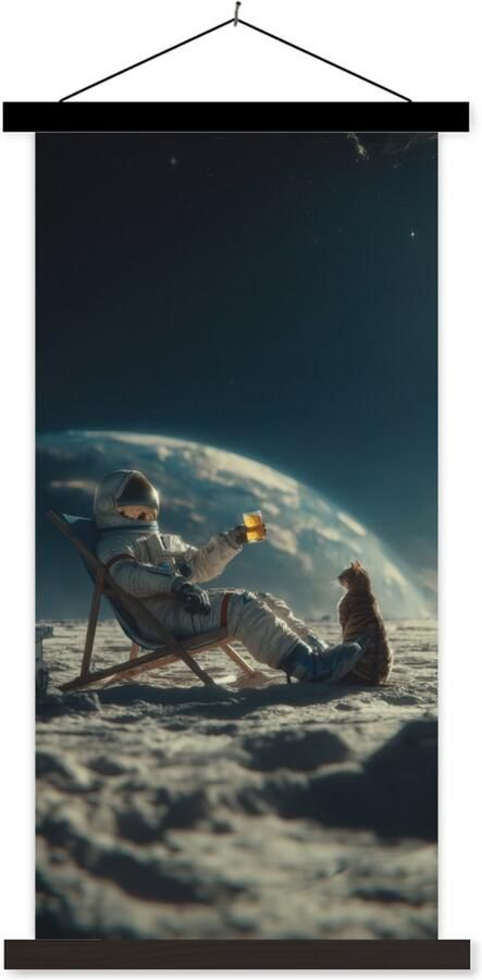 TextilePosters Posterhanger incl. Poster 60x120 cm Schoolplaat Astronaut Kat Glas Stoel Textielposter Zwarte latten