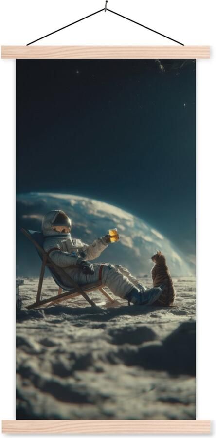 TextilePosters Posterhanger incl. Poster 60x120 cm Schoolplaat Astronaut Kat Glas Stoel Textielposter Blanke latten