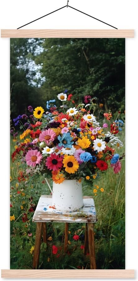 TextilePosters Posterhanger incl. Poster 40x80 cm Schoolplaat Bloemen Krukje Gieter Veld Textielposter Blanke latten