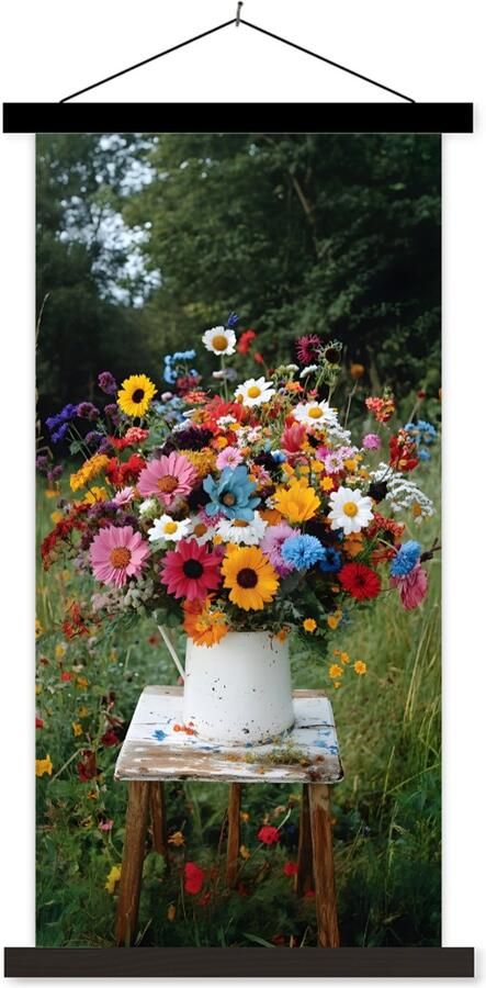 TextilePosters Posterhanger incl. Poster 40x80 cm Schoolplaat Bloemen Krukje Gieter Veld Textielposter Zwarte latten