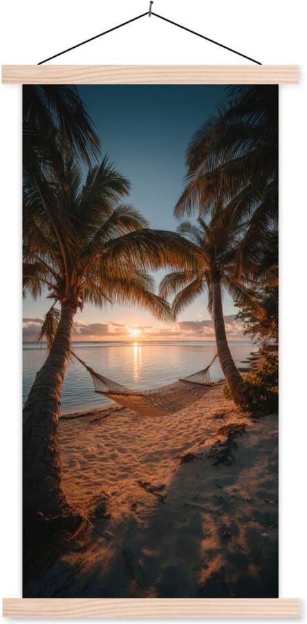 TextilePosters Posterhanger incl. Poster 40x80 cm Schoolplaat Palmbomen Hangmat Strand Zonsondergang Textielposter Blanke latten