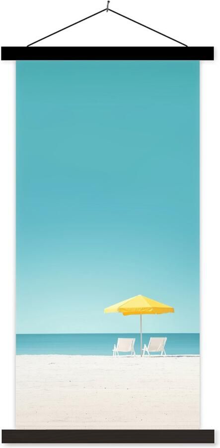 TextilePosters Posterhanger incl. Poster 60x120 cm Schoolplaat Strand Blauwe lucht Geel Parasol Textielposter Zwarte latten