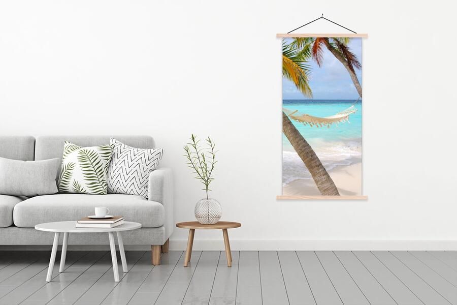 TextilePosters Posterhanger incl. Poster 90x180 cm Schoolplaat Zomer Palmboom Hangmat Textielposter Blanke latten - Foto 2