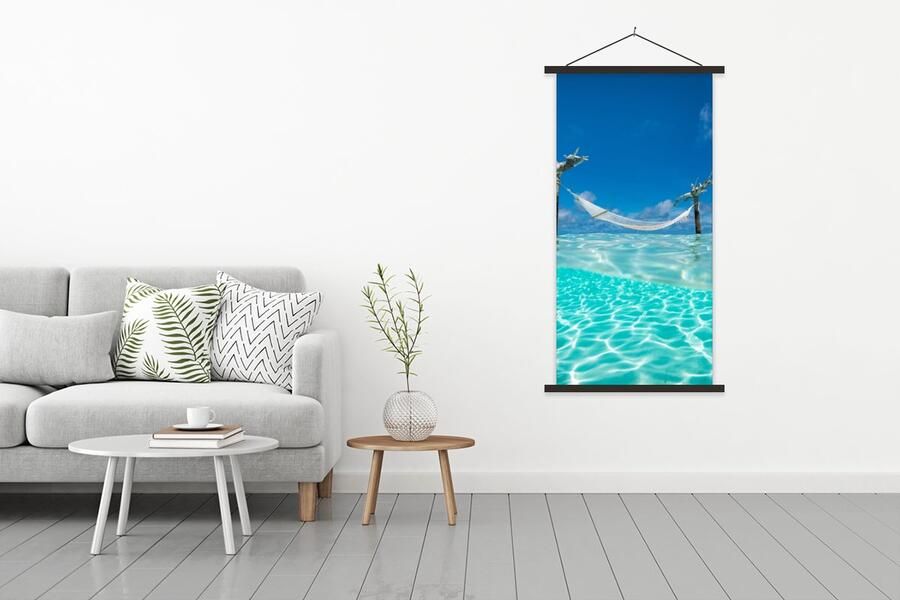 TextilePosters Posterhanger incl. Poster 90x180 cm Schoolplaat Zomer Zee Hangmat Textielposter Zwarte latten - Foto 2