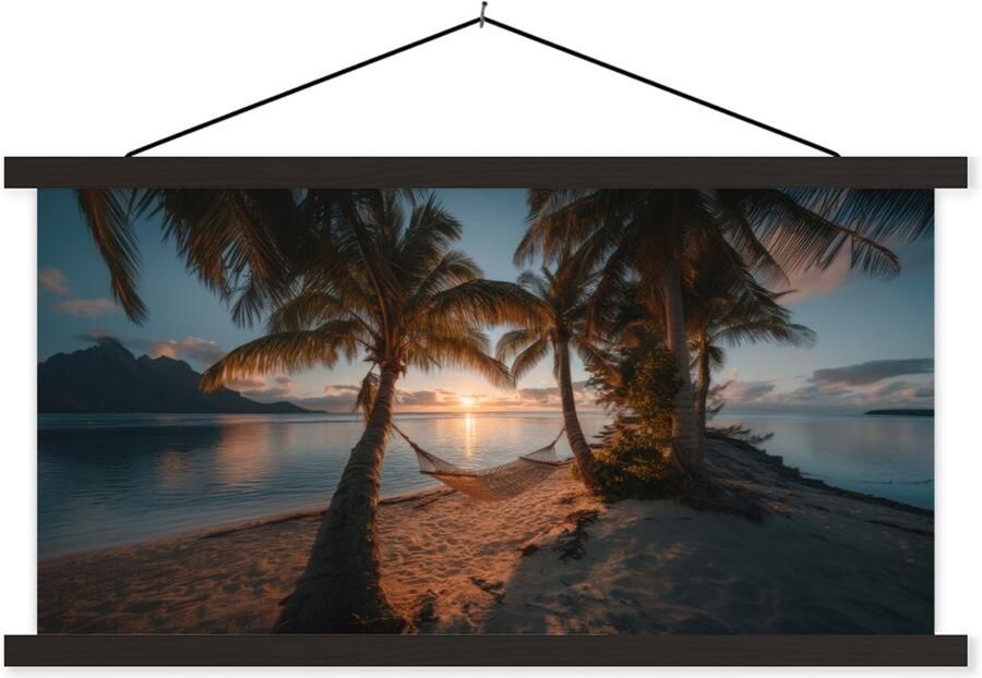 TextilePosters Posterhanger incl. Poster 120x60 cm Schoolplaat Palmbomen Hangmat Strand Zonsondergang Textielposter Zwarte latten
