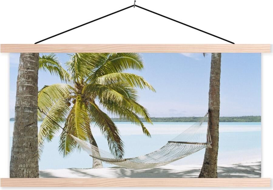 TextilePosters Posterhanger incl. Poster 90x45 cm Schoolplaat Palmboom Hangmat Zand Textielposter Blanke latten