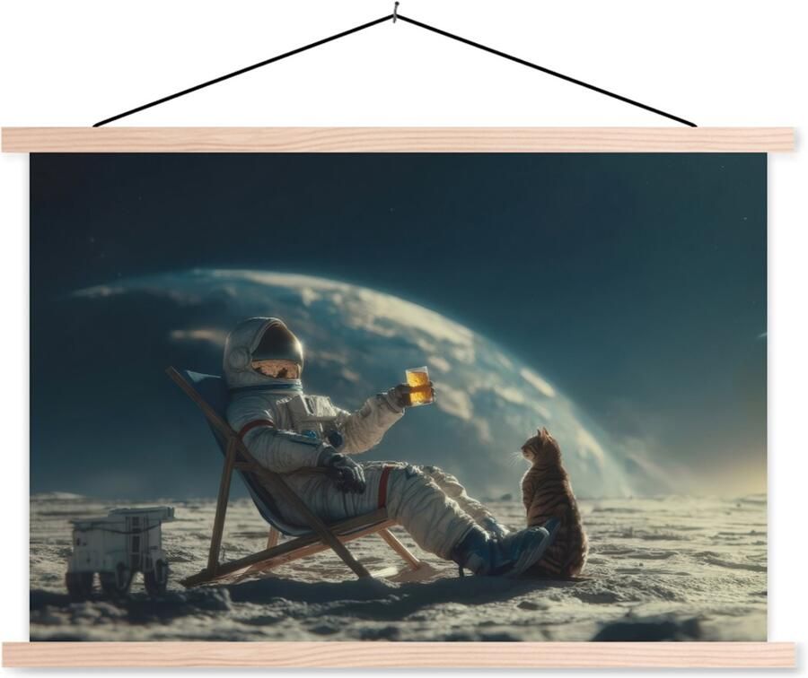 TextilePosters Posterhanger incl. Poster 90x60 cm Schoolplaat Astronaut Kat Glas Stoel Textielposter Blanke latten
