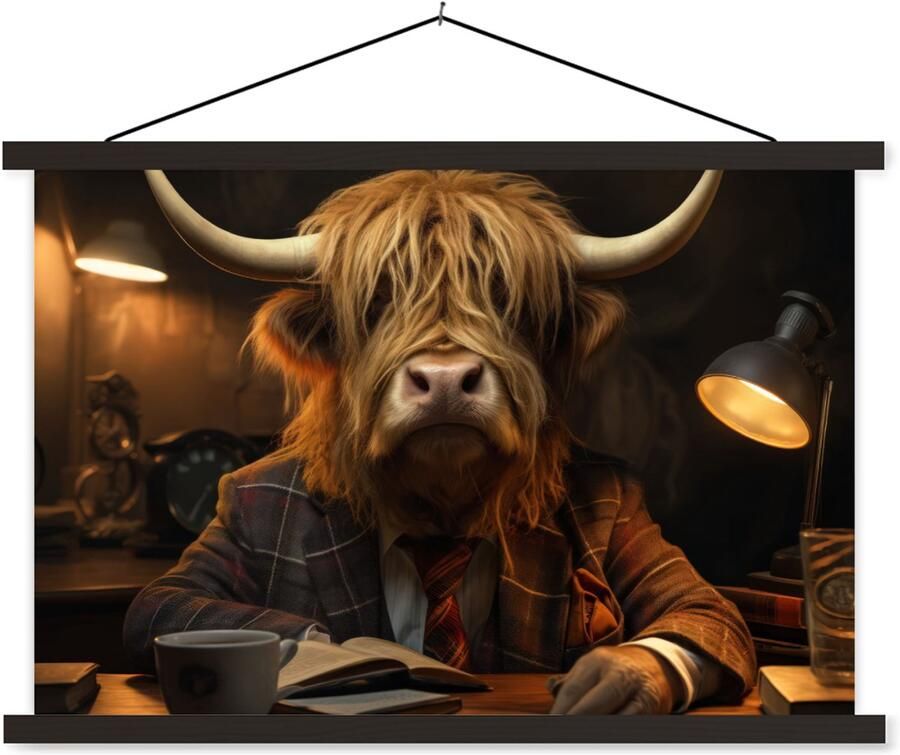 TextilePosters Posterhanger incl. Poster 90x60 cm Schoolplaat Schotse hooglander Dier Pak Bureau Textielposter Zwarte latten