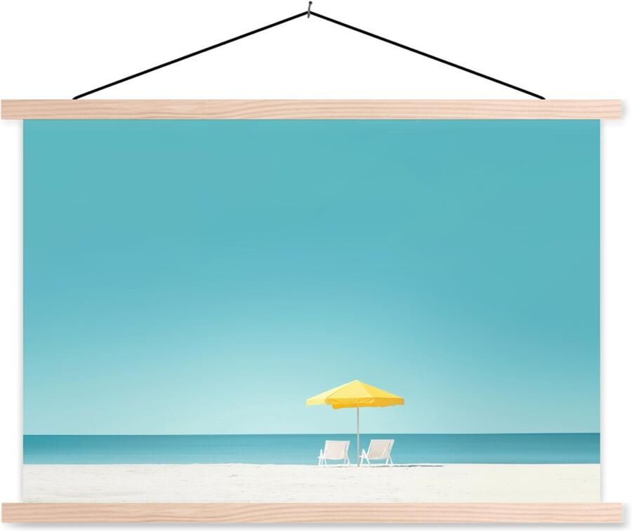 TextilePosters Posterhanger incl. Poster 60x40 cm Schoolplaat Strand Blauwe lucht Geel Parasol Textielposter Blanke latten