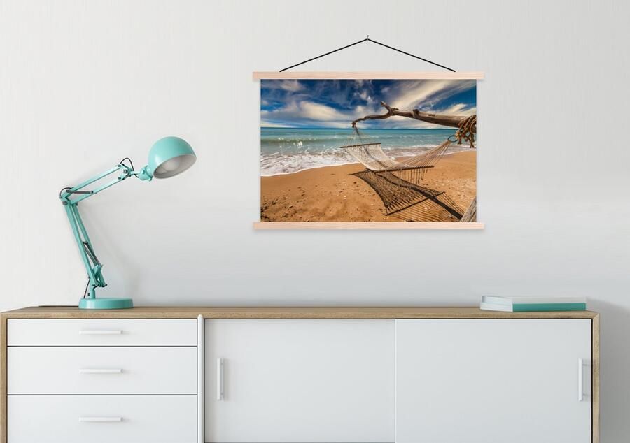 TextilePosters Posterhanger incl. Poster 90x60 cm Schoolplaat Strand Zee Hangmat Textielposter Blanke latten - Foto 2