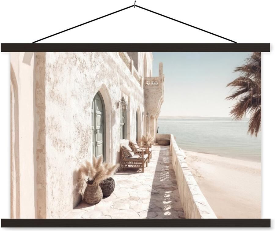 TextilePosters Posterhanger incl. Poster 90x60 cm Schoolplaat Terras Stoelen Strand Beige Textielposter Zwarte latten