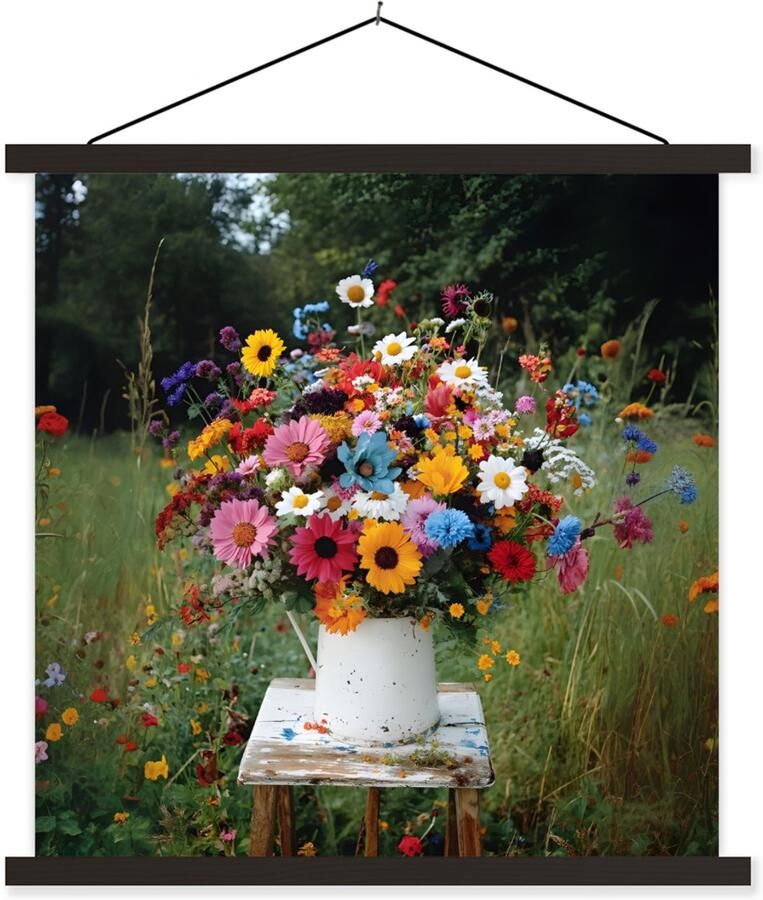 TextilePosters Posterhanger incl. Poster 90x90 cm Schoolplaat Bloemen Krukje Gieter Veld Textielposter Zwarte latten