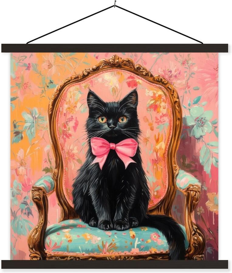 TextilePosters Posterhanger incl. Poster 90x90 cm Schoolplaat Kat Roze Stoel met bloemenmotief Textielposter Zwarte latten