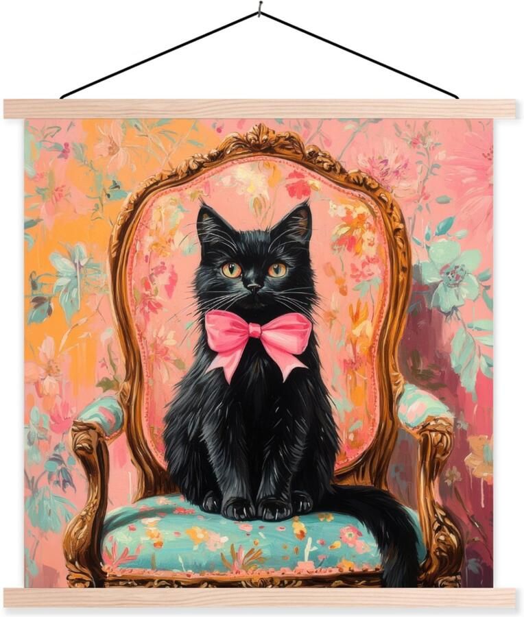 TextilePosters Posterhanger incl. Poster 40x40 cm Schoolplaat Kat Roze Stoel met bloemenmotief Textielposter Blanke latten