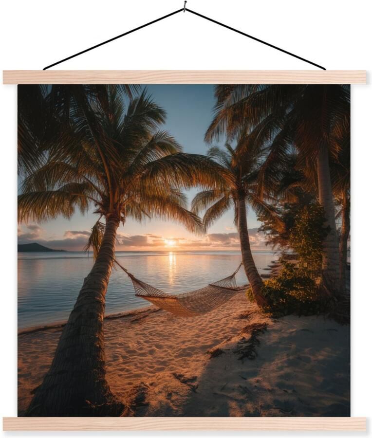TextilePosters Posterhanger incl. Poster 120x120 cm Schoolplaat Palmbomen Hangmat Strand Zonsondergang Textielposter Blanke latten