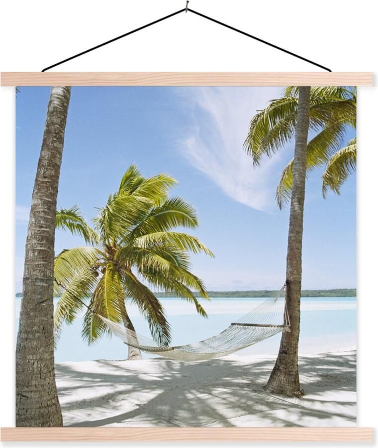 TextilePosters Posterhanger incl. Poster 90x90 cm Schoolplaat Palmboom Hangmat Zand Textielposter Blanke latten