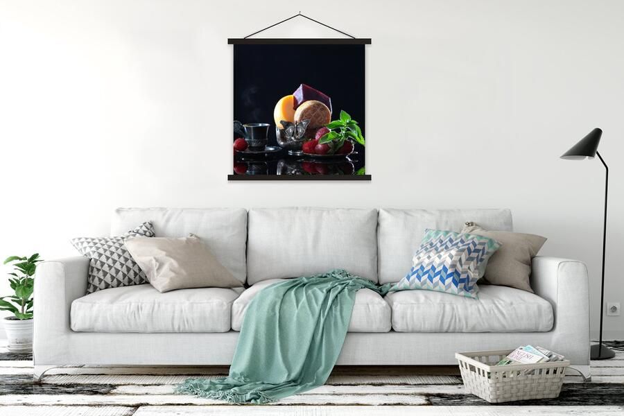 TextilePosters Posterhanger incl. Poster 120x120 cm Schoolplaat Rustiek Fruit Kaas Tafel Stilleven Textielposter Zwarte latten - Foto 2