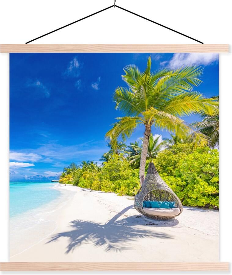 TextilePosters Posterhanger incl. Poster 90x90 cm Schoolplaat Strand Palm Hangstoel Textielposter Blanke latten
