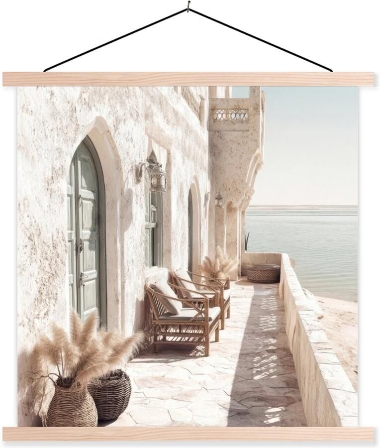 TextilePosters Posterhanger incl. Poster 90x90 cm Schoolplaat Terras Stoelen Strand Beige Textielposter Blanke latten