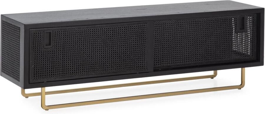 Thai Natura Tv-meubel Zwart Gouden Hout Metaal Rotan 160 x 52 x 42 cm