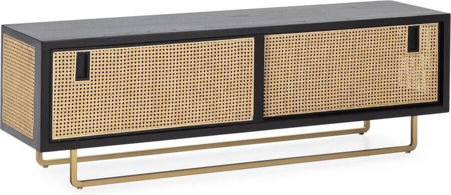 Thai Natura Tv-meubel Zwart Gouden Natuurlijk Hout Metaal Rotan 160 x 52 x 42 cm