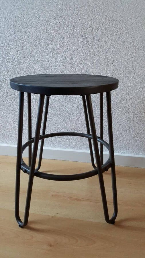 Thasth Design Industriële Kruk Bijzettafel Metaal Hout Matgrijs Zwart Hoogte 45 cm