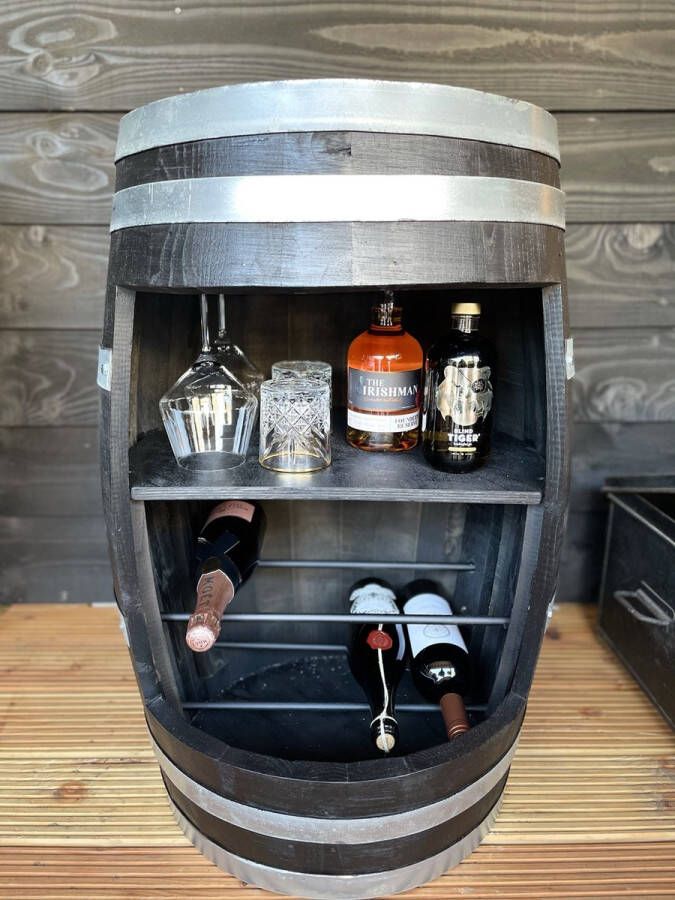 The Barrel-Oirschot Wijnrek 110L kastanje houten wijnvat zwart Industrieel Wijnvat Wijnmeubel Wijnton Wijnopslag Drank kast