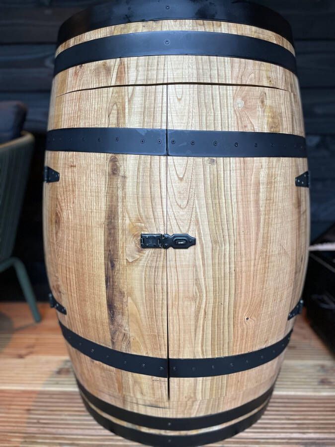 The Barrel-Oirschot Wijnrek 225L kastanje houten wijnvat met deurtjes en zwarte banden wijnvat wijnopslag wijnrek wijnmeubel industrieel drank kast