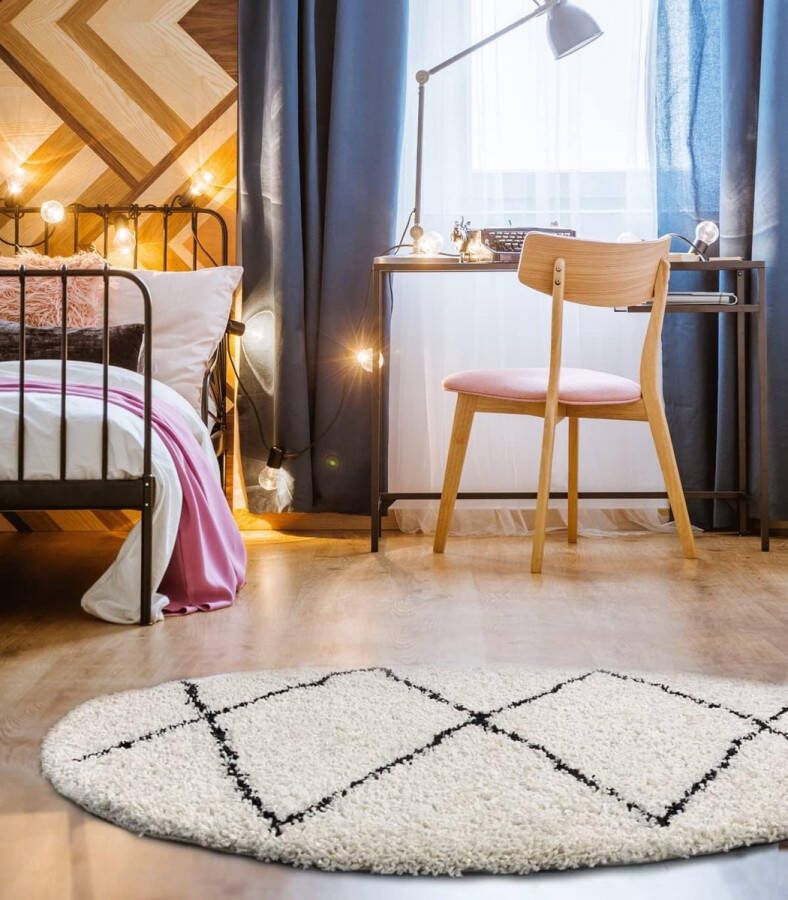 The carpet Vloerkleed Tapijt Woonkammer Bahar Shaggy Hoogpolig (35 mm) Langpolig Woonkamerkleed zonder Franjes Ruitpatroon Crème-Zwart 160 cm Rond