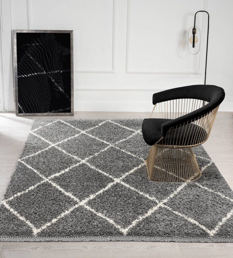 the carpet Bahar Shaggy Hoogpolig (35 mm) Langpolig Woonkamerkleed Ruitpatroon Grijs 080x150 cm