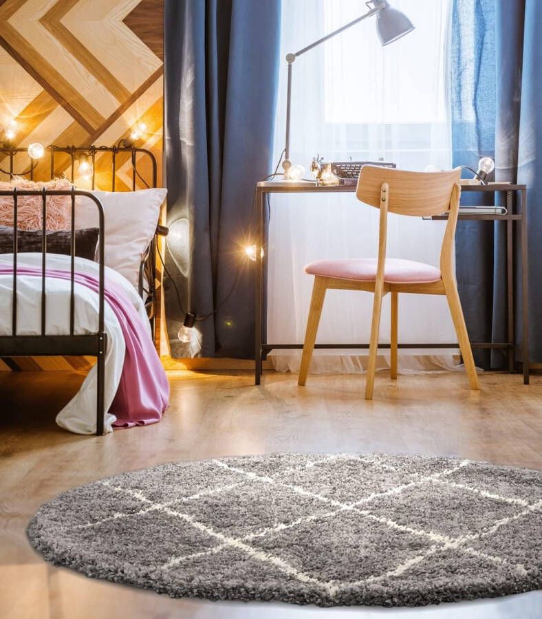 The carpet Vloerkleed Tapijt Woonkammer Bahar Shaggy Hoogpolig (35 mm) Langpolig Woonkamerkleed zonder Franjes Ruitpatroon Grijs 120 cm Rond