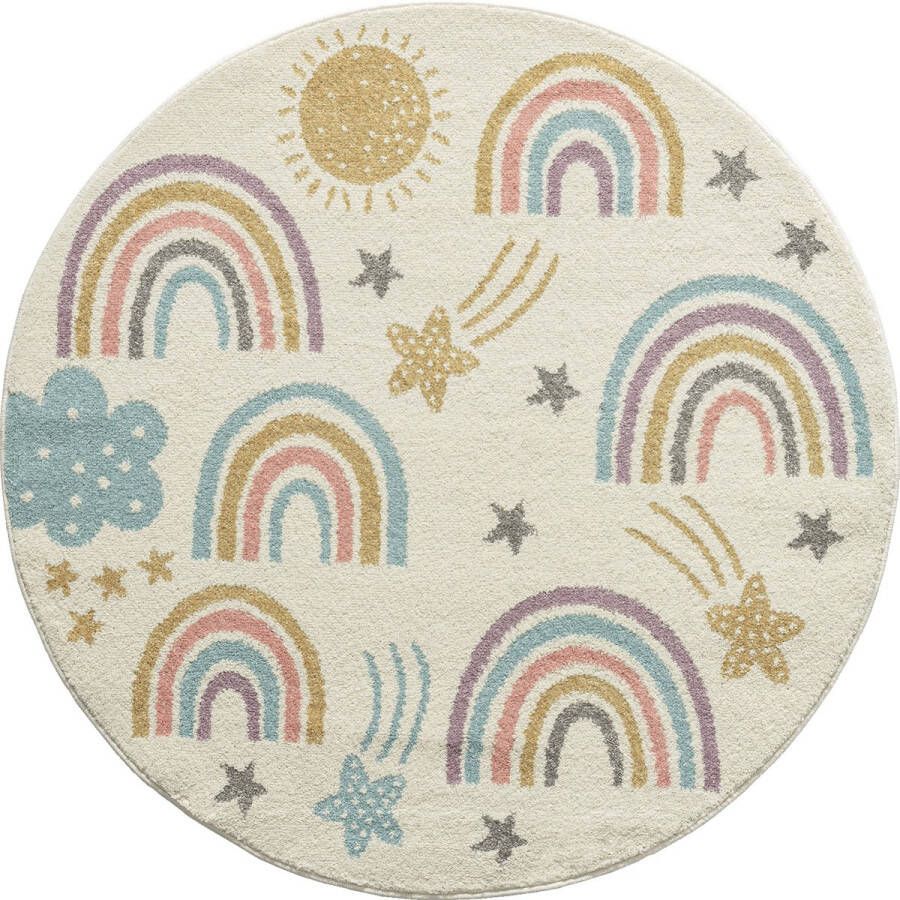 The carpet Beat Kids Modern zacht kinderdeken zachte pool gemakkelijk te onderhouden kleurecht regenboogpatroon crèmemix 160 cm rond