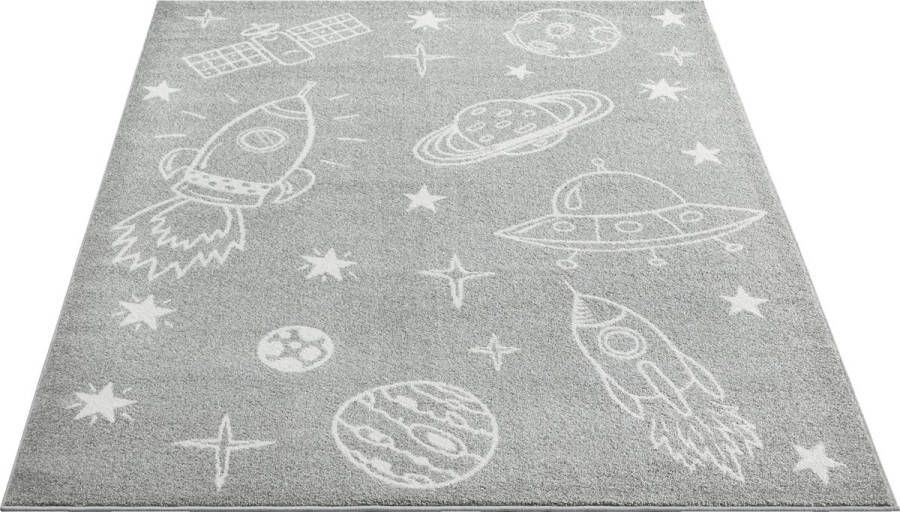 The carpet Beat Kids Modern Zacht Kinderdeken Zachte pool gemakkelijk te reinigen Kleurecht Ruimte Astronautenpatroon Grijs 140 x 200 cm