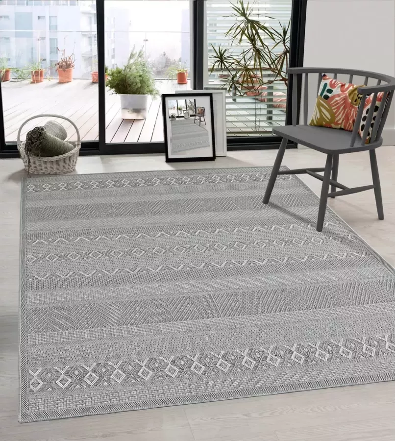 The carpet Vloerkleed voor buiten of voor balkon en terras in grijs beige 140 x 200 cm Tapijt geschikt voor In en Outdoor Rechthoekig Weer- en UV-bestendig Tuintapijt Buitentapijt CALGARY kleed by 0