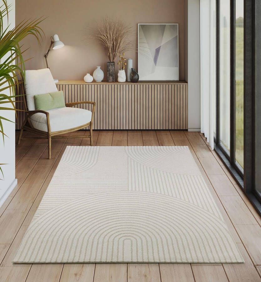 The carpet Everest moderne vloerkleed (tapijt) laagpolig met hoog-diepteeffect 3D-effect hoge vloerdichtheid en aangenaam zacht crème 200x290 cm