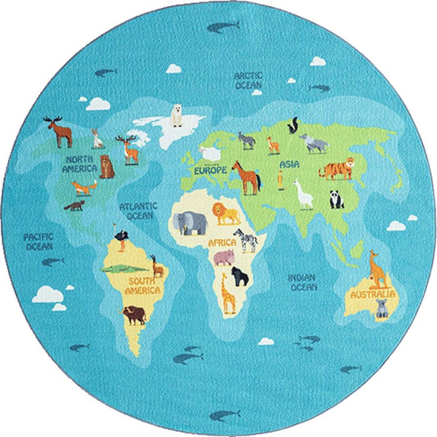 The carpet Vloerkleed kinderkamer Blauw 200x200 cm Afwasbaar Antislip Tapijt voor jongens en meisjes met dieren en wereldkaart Happy Life by