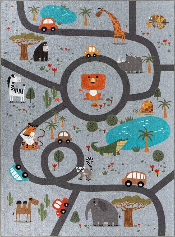 the carpet Happy Life kinderkamer kindertapijt speeltapijt wasbaar straattapijt straat jungle dieren auto grijs 200 x 200 cm vierkant