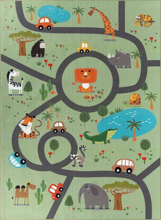 The carpet Vloerkleed kinderkamer Groen 160x220 cm Afwasbaar Antislip Tapijt voor jongens en meisjes met een straat en jungledieren Happy Life by